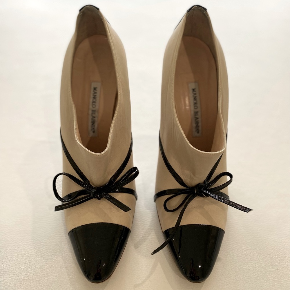 Manolo Blahnik Beige and Black Bootie with Bow